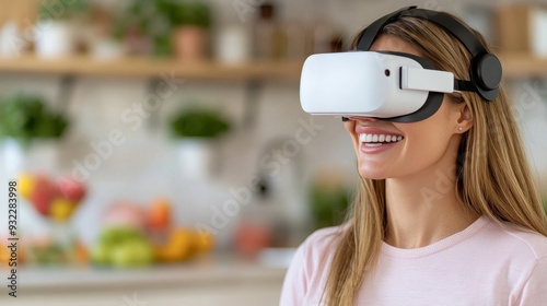 Woman enjoying virtual reality experience in a cozy kitchen setting