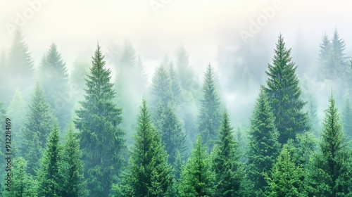 It is misty in the early morning hours as tall evergreens fill the forest