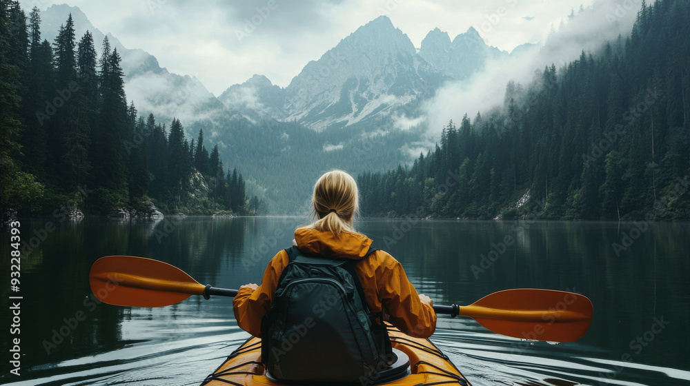 Woman Kayaking in a Misty Mountain Lake Woman Kayaking in a Misty Mountain Lake