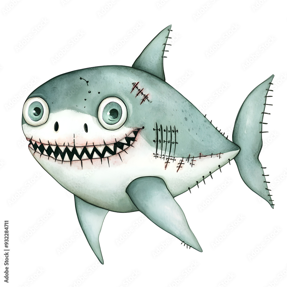 A kawaii Frankenstein shark clipart, with stitched fins, watercolor style A kawaii Frankenstein shark clipart, with stitched fins, watercolor style