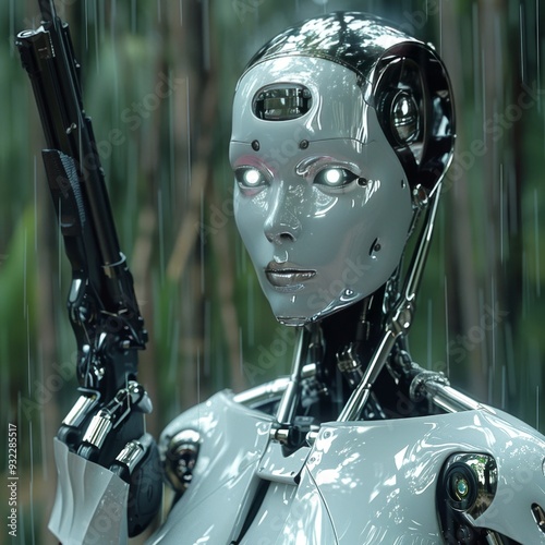 Futuristic female android standing in the rain, holding a gun. She is wearing a black jacket with glowing white eyes, aiming directly at the viewer in a dark and rainy forest setting photo