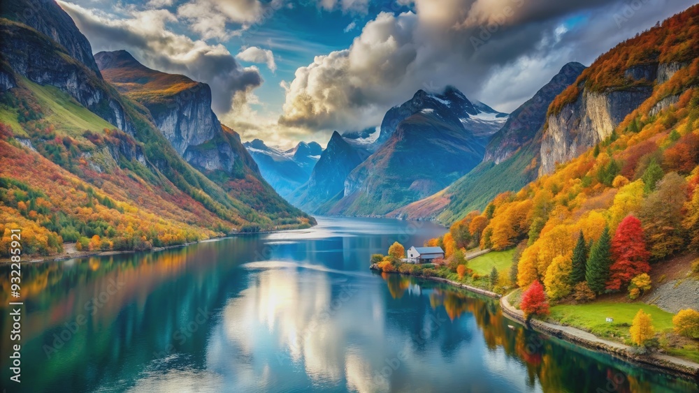 Fototapeta premium Vibrant autumn colors in the majestic Norwegian fjords , Fall, foliage, landscape, nature, Scandinavia, mountains, reflection