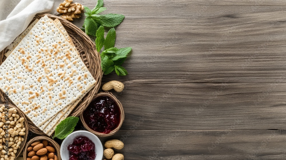 Wicker plates display matzah and key lime jam, set on distressed wood, perfect for celebrating a traditional Jewish holiday with delicious flavors Wicker plates display matzah and key lime jam, set on distressed wood, perfect for celebrating a traditional Jewish holiday with delicious flavors