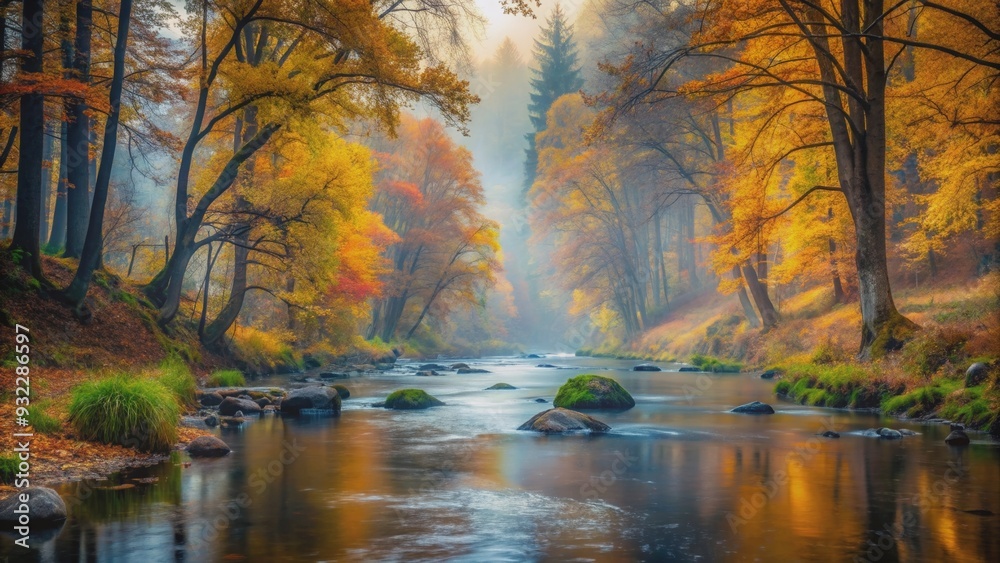 Obraz premium Serene river flowing through misty autumn forest, serene, river, flowing, autumn, forest, misty, atmosphere, nature, tranquil
