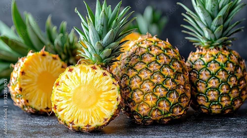 A cluster of pineapples resting on a gray background, one cut in half A cluster of pineapples resting on a gray background, one cut in half