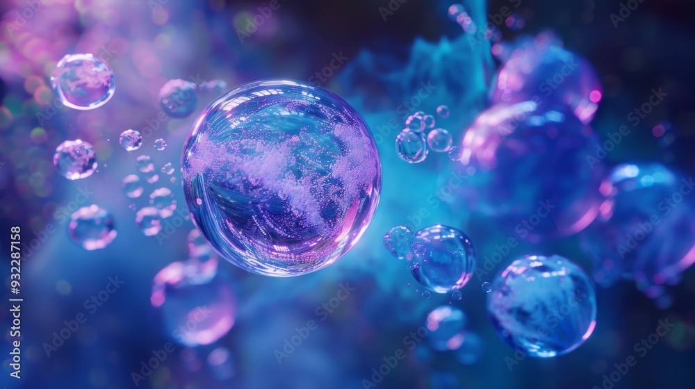 a blue and purple object with bubbles floating around it