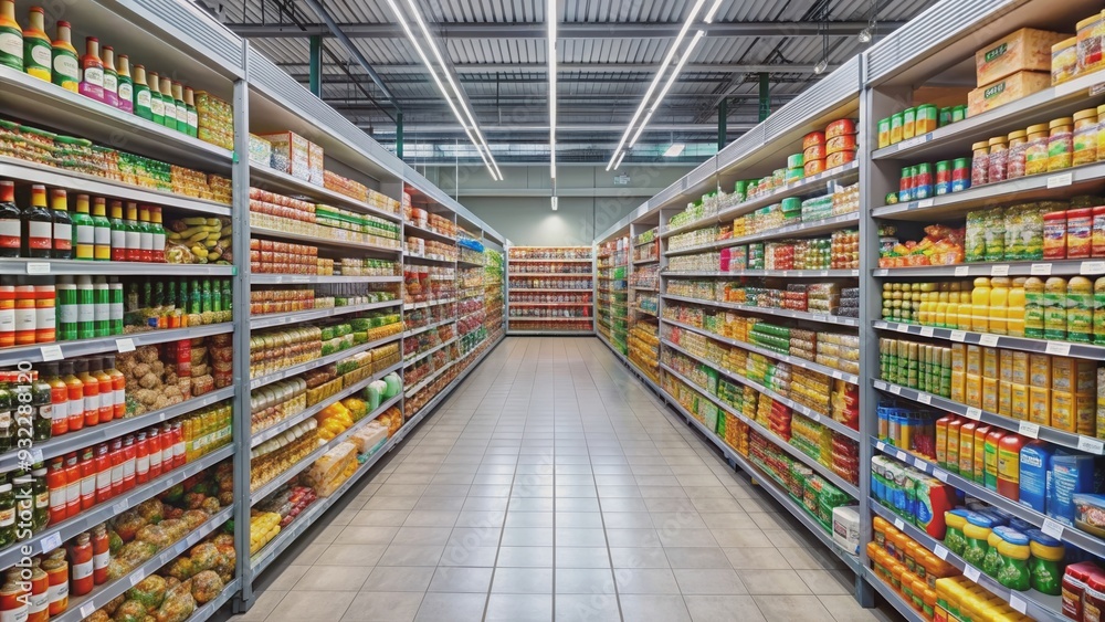 A supermarket filled with various goods on shelves, supermarket, retail, grocery, products, shelves, assortment