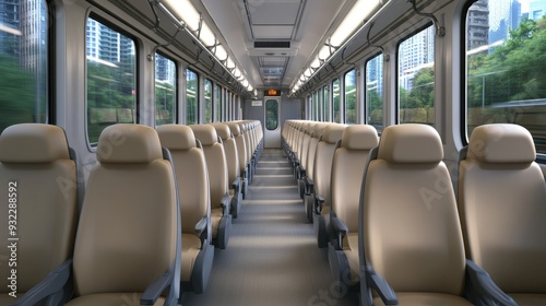 The sleek interior of an electric train showcases beige leather seats and expansive windows, providing travelers with stunning city views as it moves