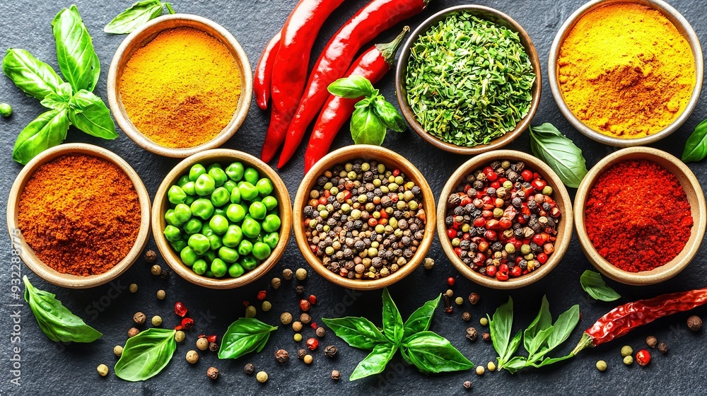 Group of bowls with various spices and seasonings on black surface near green and red peppers Group of bowls with various spices and seasonings on black surface near green and red peppers