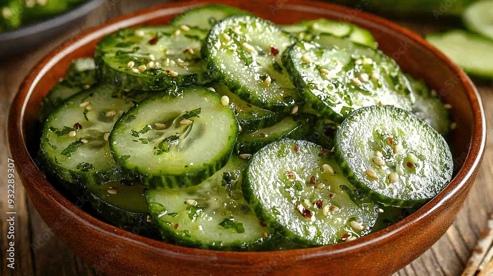 Wooden bowl holds cucumber slices near wooden table with additional cucumber slices Wooden bowl holds cucumber slices near wooden table with additional cucumber slices