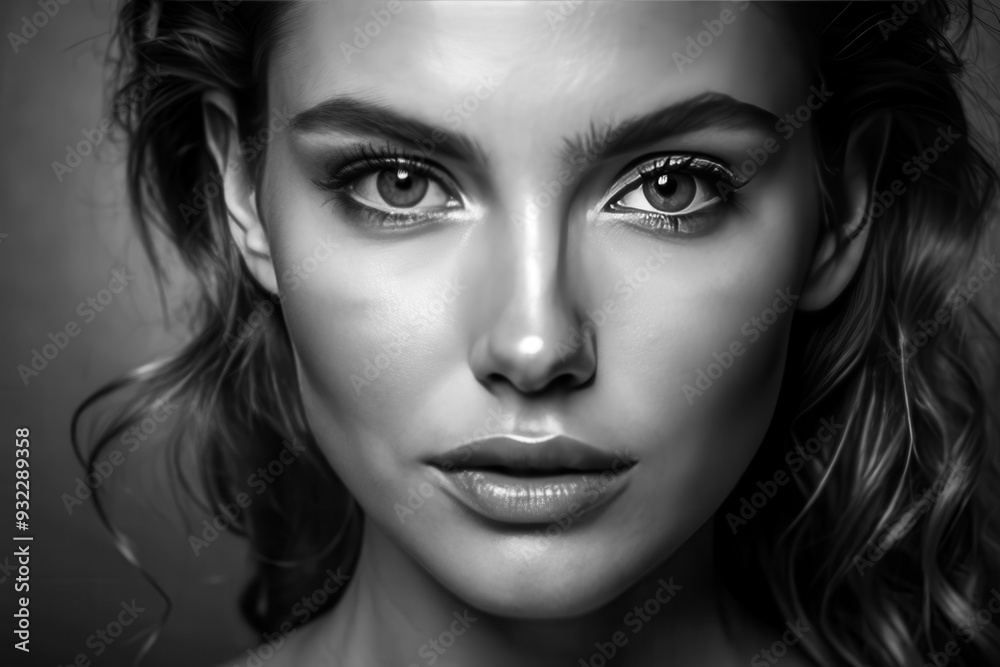 A close-up portrait of a confident young woman with curly hair showcasing striking facial features in a black and white setting. Generative AI A close-up portrait of a confident young woman with curly hair showcasing striking facial features in a black and white setting. Generative AI