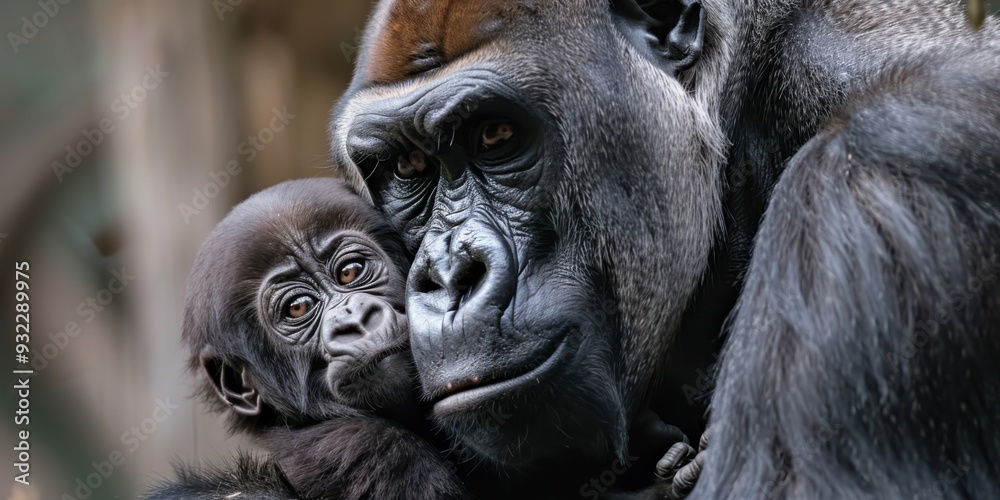 a mother gorilla cradling her baby, with a tender and protective expression a mother gorilla cradling her baby, with a tender and protective expression