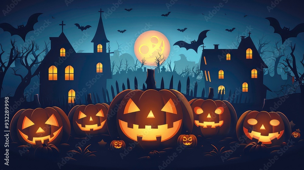 A spooky Halloween night scene with a full moon and jack-o'-lantern pumpkins in front of a spooky town with a church in the background and bats flying in the sky.