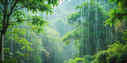 Rain falling in a lush forest, creating a serene natural background for videos or presentations, forest, rain