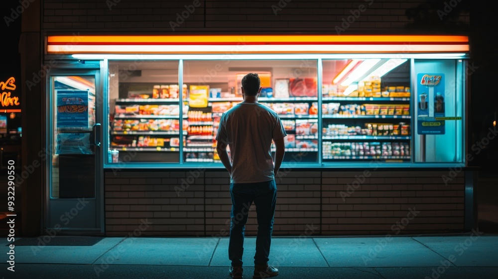A man stands in front of a store window, looking at the items inside A man stands in front of a store window, looking at the items inside