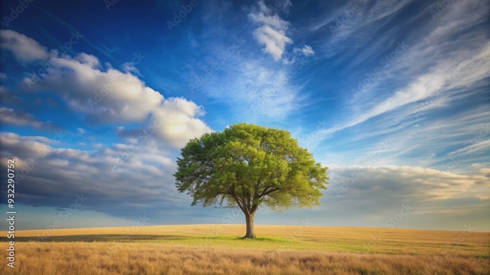 Fototapeta premium A single, isolated tree standing alone in a vast landscape, lonely, tree, solitude, nature, landscape, isolated