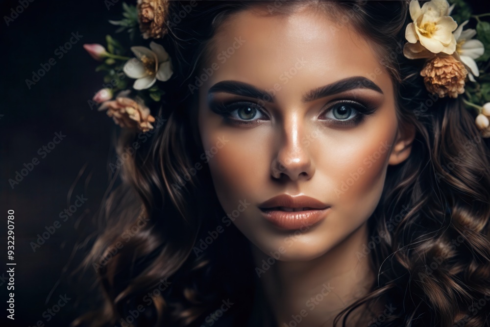 A young woman with flowing curls and a floral crown poses gracefully against a dark background, capturing a moment of natural beauty and elegance. Generative AI A young woman with flowing curls and a floral crown poses gracefully against a dark background, capturing a moment of natural beauty and elegance. Generative AI