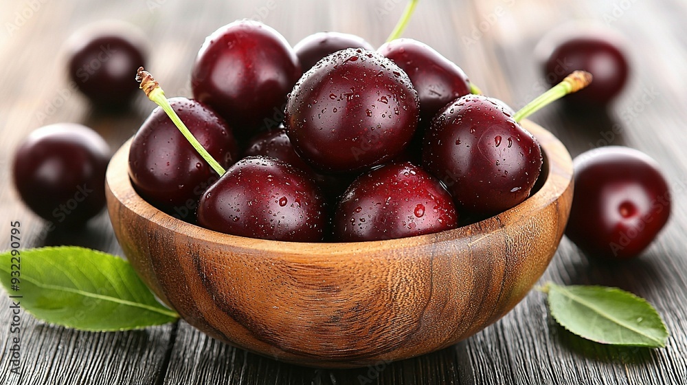 A wooden bowl filled with cherries sits atop a wooden table, surrounded by leaves and a green leaf A wooden bowl filled with cherries sits atop a wooden table, surrounded by leaves and a green leaf