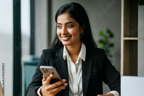 A woman in a business suit is smiling while holding a cell phone