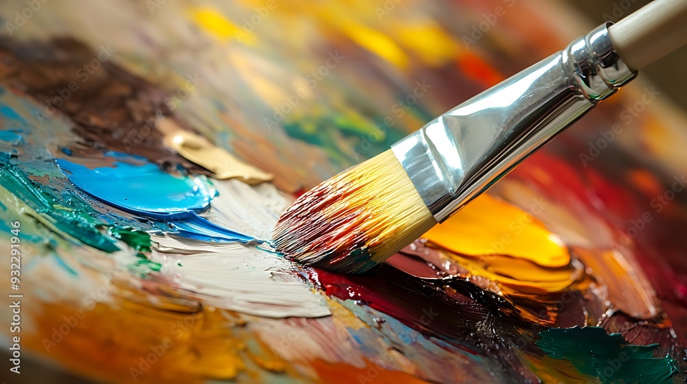 Fototapeta premium A paintbrush resting on a colorful palette of oil paints, ready for the next stroke of creativity.