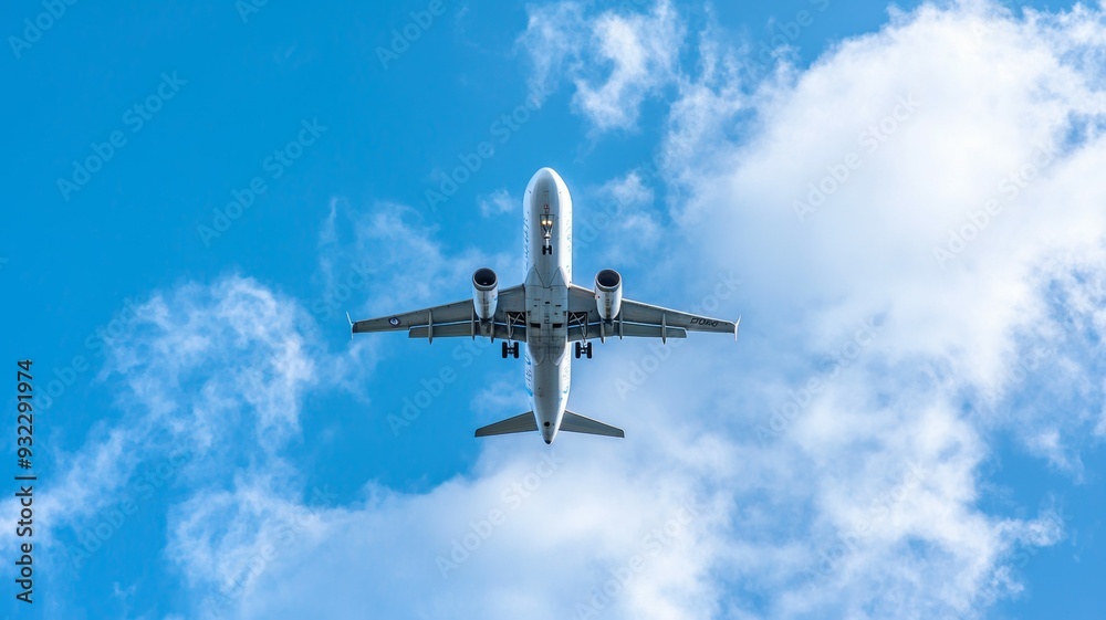 A white airplane is flying through a blue sky with clouds A white airplane is flying through a blue sky with clouds