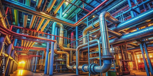 Industrial maze of vibrant pipes and steel, industrial, maze, pipes, steel, vibrant, complex photo