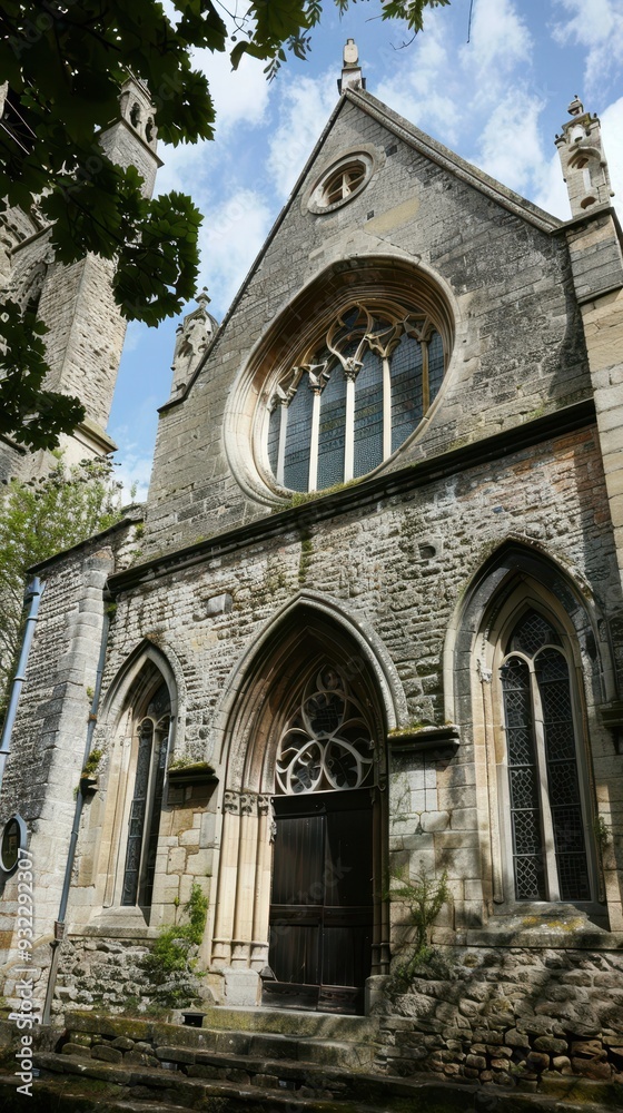 Fototapeta premium A beautifully designed gothic church stands proudly, surrounded by greenery and bathed in sunlight