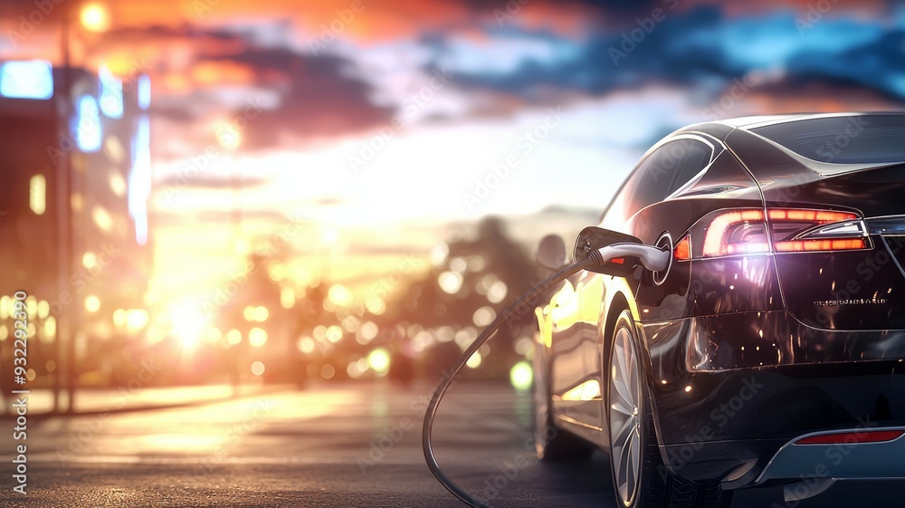 A black car is charging in the city at night A black car is charging in the city at night