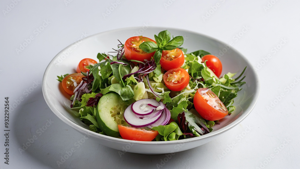 A fresh vegetable salad with cherry tomatoes, cucumbers, red onions, and mixed greens in a white bowl, garnished with basil leaves. A fresh vegetable salad with cherry tomatoes, cucumbers, red onions, and mixed greens in a white bowl, garnished with basil leaves.