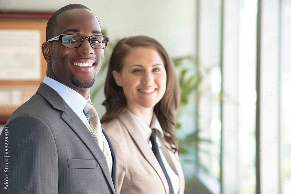 Smiling business man and woman of different races indoors Smiling business man and woman of different races indoors