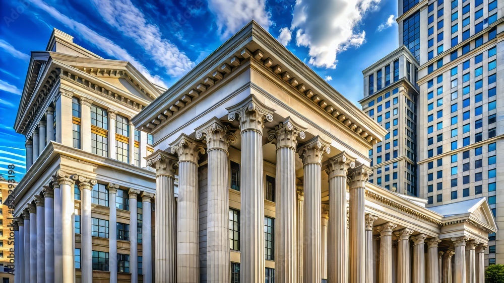 Ancient Greek and Roman styles inspire modern high-rise buildings featuring columns, pediments, and symmetrical facades evoking timeless elegance. Ancient Greek and Roman styles inspire modern high-rise buildings featuring columns, pediments, and symmetrical facades evoking timeless elegance.