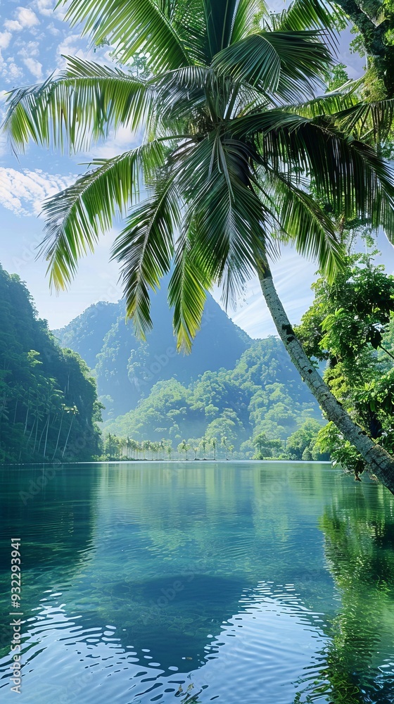 a palm tree and a body of water a palm tree and a body of water