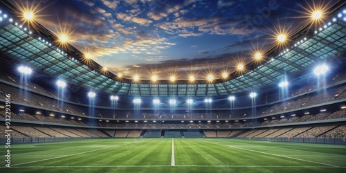 Football stadium at night lit up by bright lights and spotlights, sports, nighttime, illuminated, arena, stadium, floodlights