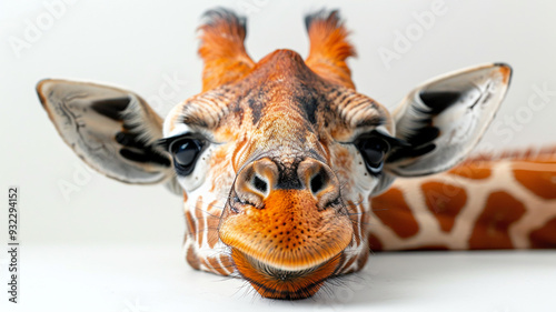Close-up portrait of a giraffe looking directly at the camera