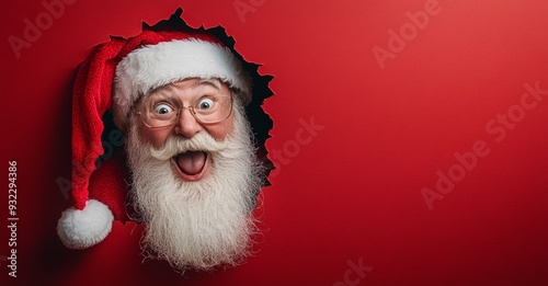 santa claus cheerfully peeking through a red wallpaper. Season greetings concept