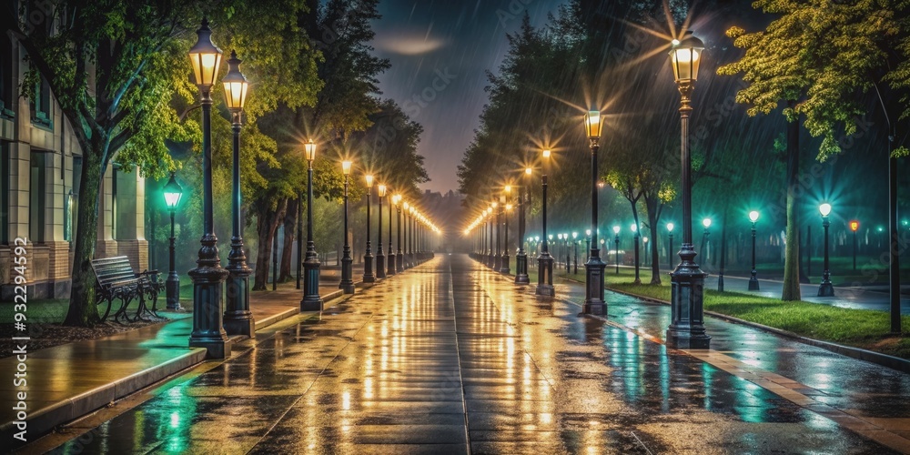 Naklejka premium Rainy night sidewalk with glowing streetlights , wet, urban, city, empty, dark, atmospheric, pavement, reflection, rainy, evening