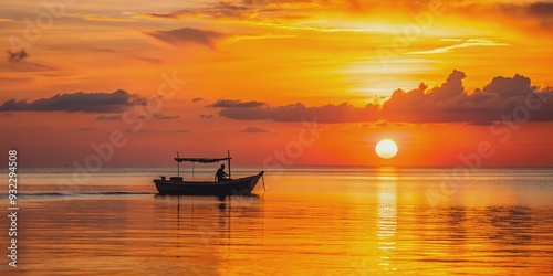 Sunrise over the ocean with a silhouette of a boat , sunrise, ocean, boat, sunrise colors, horizon, dawn, morning, tranquil