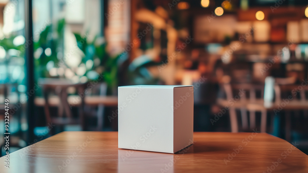 Mockup of a white cubic box on a table in a cozy café, with a blurred interior in the background. Perfect for showcasing logos, branding elements, or products in an attractive and realistic setting Mockup of a white cubic box on a table in a cozy café, with a blurred interior in the background. Perfect for showcasing logos, branding elements, or products in an attractive and realistic setting