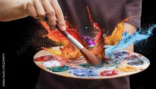 tavolozza con esplosione di colori e pennello photo