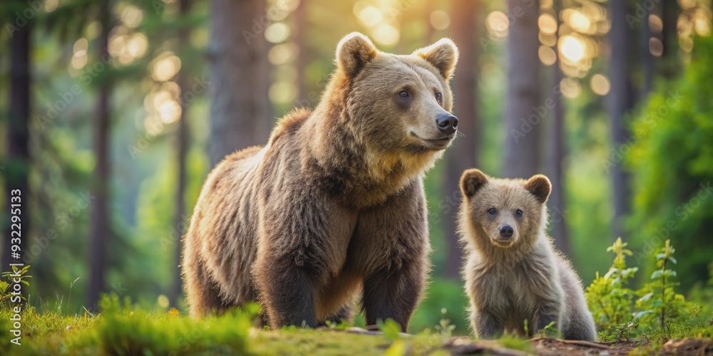 Fototapeta premium Mother bear and cub exploring the forest together, bears, wildlife, nature, family, adorable, fluffy, furry