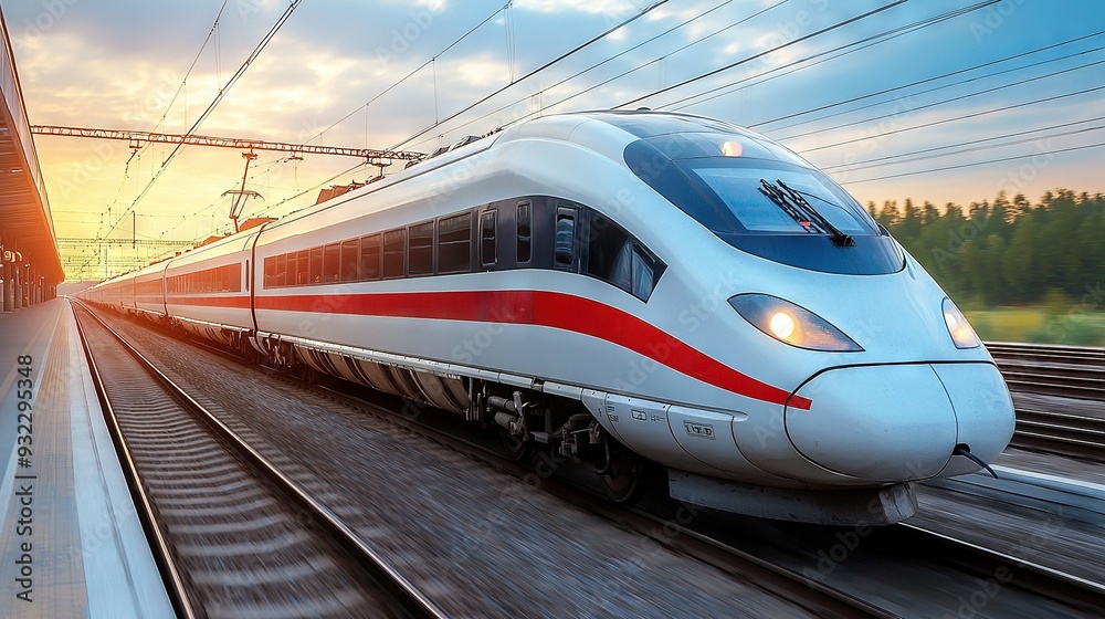 Fototapeta premium A white train travels down train tracks beside a red-striped train station