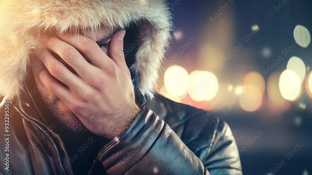 A man is wearing a fur coat and looking down A man is wearing a fur coat and looking down