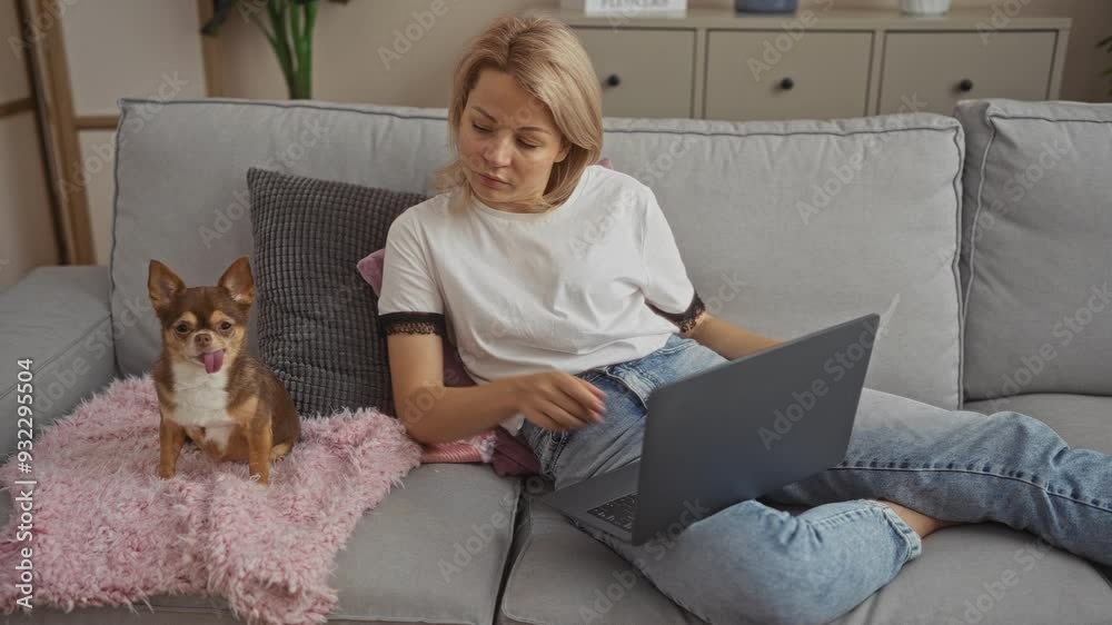A young blonde caucasian woman uses a laptop while sitting on a sofa next to a small chihuahua dog in a cozy indoor living room. A young blonde caucasian woman uses a laptop while sitting on a sofa next to a small chihuahua dog in a cozy indoor living room.