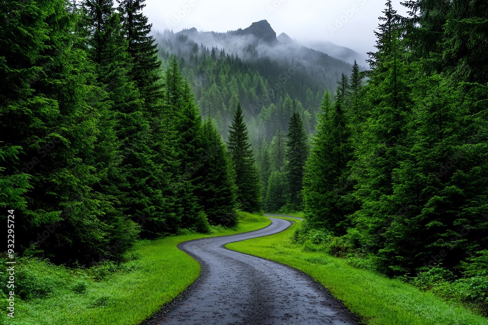 A winding path through lush green forest with misty mountains in the background, inviting serenity and exploration. A winding path through lush green forest with misty mountains in the background, inviting serenity and exploration.
