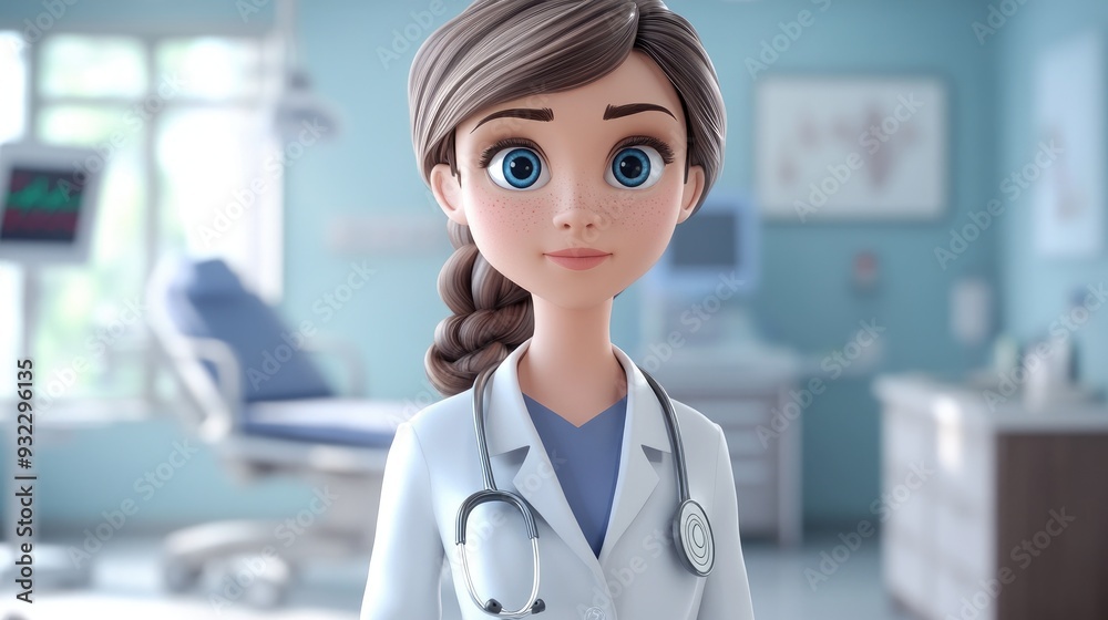 Fototapeta premium 3D Cartoon of Young Woman Doctor in White Coat Standing in Hospital