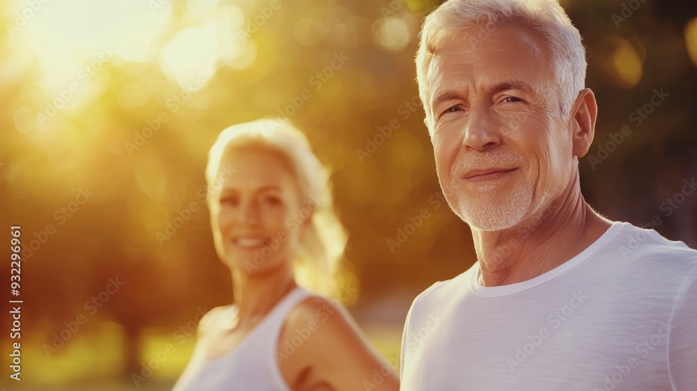 A man and a woman are smiling and standing in the sun A man and a woman are smiling and standing in the sun