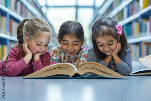Three young girls are sitting on the floor reading a book together