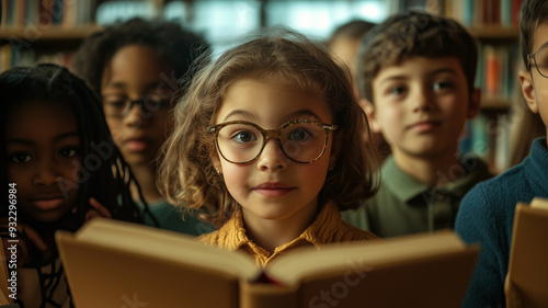 A group of children are sitting in a library, with one girl reading a book