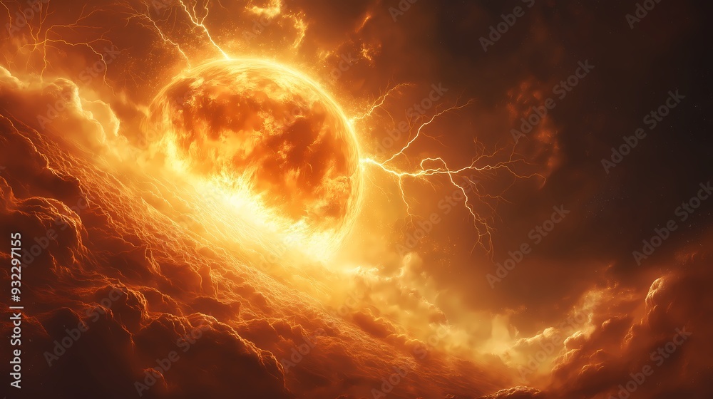 A cosmic storm with lightning and energy bursts on a distant planet A cosmic storm with lightning and energy bursts on a distant planet