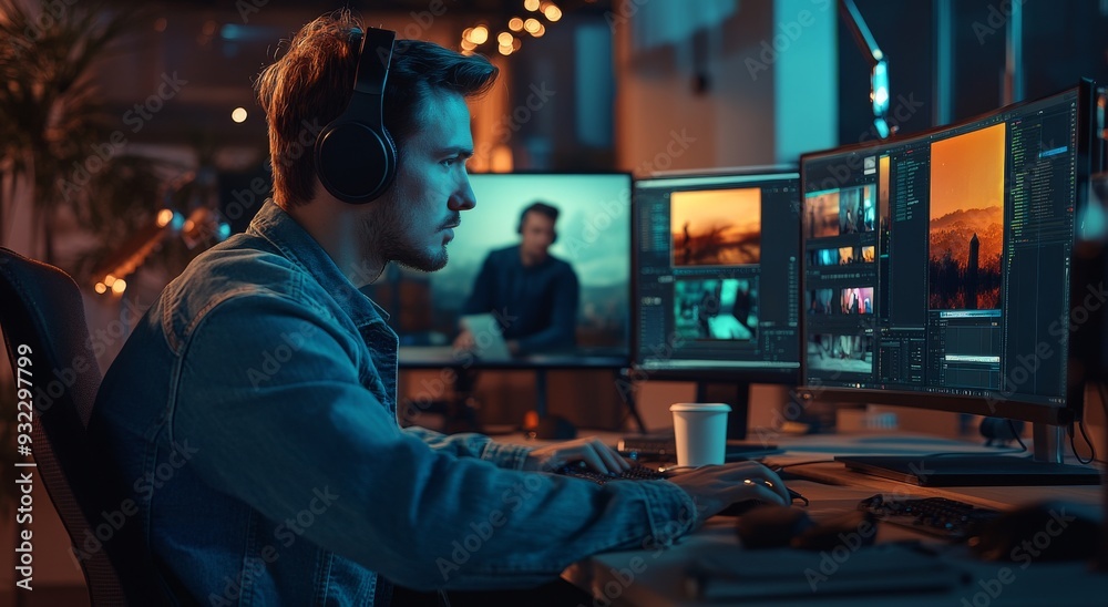 Video Editor Working on Project at Night in Studio Video Editor Working on Project at Night in Studio